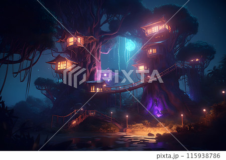 Tree houses in a magical fairytale forest. Neural network AI generated art 115938786