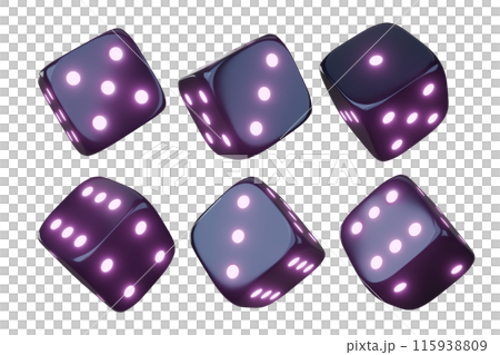 Casino gambling game dice. Iridescent dice with neon colors. Purple dice. 3d render Casino gambling game dice. Iridescent dice with neon colors. Purple dice. 3d render 115938809