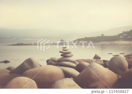 Pyramid stones balance on the sand of the beach. The object is in focus, the background is blurred. Neural network AI generated art Pyramid stones balance on the sand of the beach. The object is in focus, the background is blurred. Neural network AI generated art 115938827