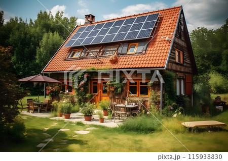 Solar panels on a private house. Neural network AI generated art 115938830
