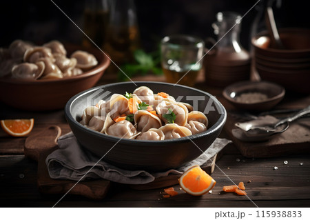 Delicious dumplings in the pot on the table. Neural network AI generated art 115938833