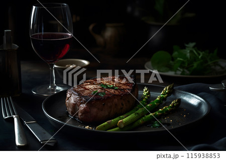 still life dinner with gourmet grilled steak and spices. Neural network AI generated art 115938853