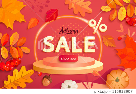 Autumn sale banner with 3d podium for promotions. 115938907