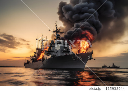 War concept. Night battle scene at sea. warship on fire. Neural network AI generated art War concept. Night battle scene at sea. warship on fire. Neural network AI generated art 115938944