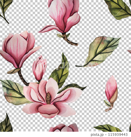 Seamless pattern with magnolia flower. Hand drawn watercolor illustration with pink magnolia flower bud and green leaves. Illustration for wedding design, prints, templates, greeting cards. Seamless pattern with magnolia flower. Hand drawn watercolor illustration with pink magnolia flower bud and green leaves. Illustration for wedding design, prints, templates, greeting cards. 115939443