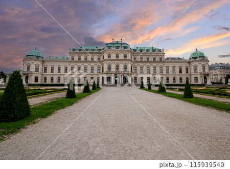 Vienna, Austria, August 18, 2022. Iconic shot of the Belvedere Palace, a fairytale atmosphere with the gardens and the avenue in perspective. Travel destinations. No people. 115939540