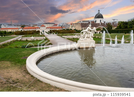 Vienna, Austria, August 18, 2022. Beautiful shot with a view of the gardens and fountain of the Belvedere Palace, a fairytale atmosphere. Travel destinations. No people. 115939541
