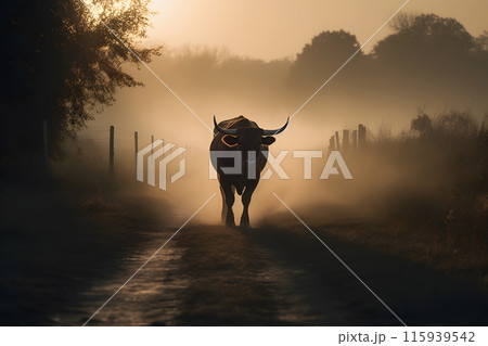 Bull in the wild, Landscape with sunset or sunrise. Neural network AI generated art 115939542