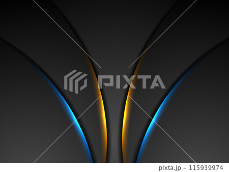 Black abstract wavy background with blue orange neon lights 115939974