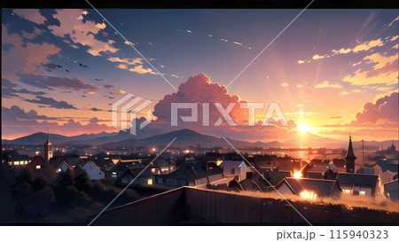 夕日が彩る村の風景：心安らぐひととき 115940323