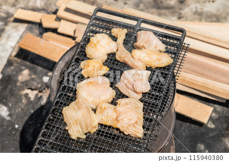 【オートキャンプ場でソロキャンプ　網で白モツを焼く】　 115940380