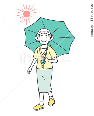 炎天下で日傘をさす高齢女性の全身イラスト 115940430