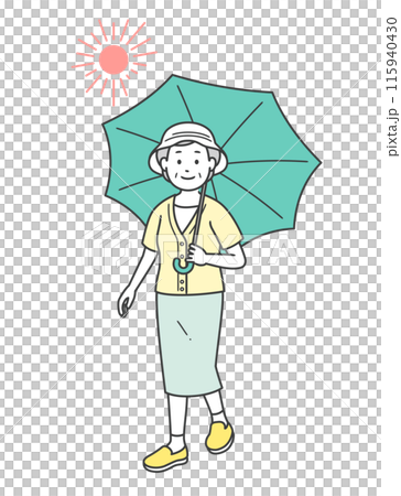 炎天下で日傘をさす高齢女性の全身イラスト 115940430