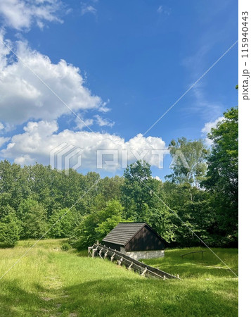 Old wooden house in the village. Upper Silesian Ethnographic park 115940443