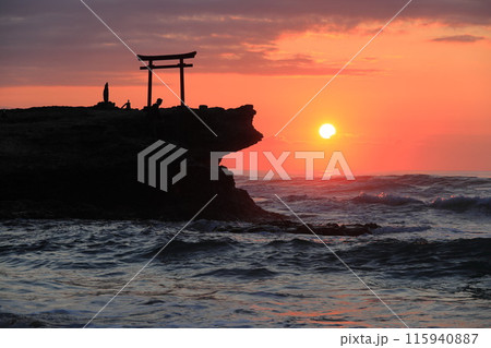 鳥居に昇る朝日　伊豆下田白浜海岸 115940887