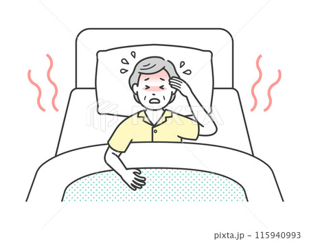ベッドで寝ている高齢女性が熱帯夜に寝苦しそうにしているイラスト 115940993