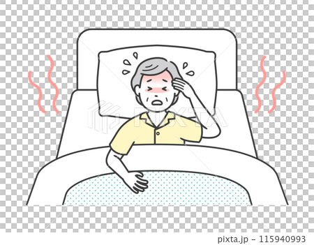 ベッドで寝ている高齢女性が熱帯夜に寝苦しそうにしているイラスト 115940993