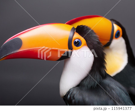 A striking illustration captures the colorful beaks and intricate details of two toucans 115941377