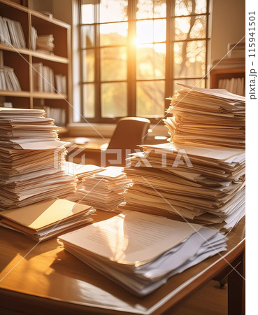 Sunlit Room Overwhelmed with Paperwork, Bookshelves Overflowing 115941501