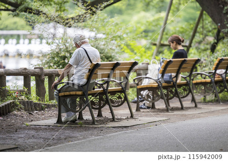 一人で公園のベンチに座る孤独な高齢男性のイメージ 一人で公園のベンチに座る孤独な高齢男性のイメージ 115942009