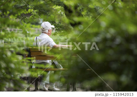 一人で公園のベンチに座る孤独な高齢男性のイメージ 115942013