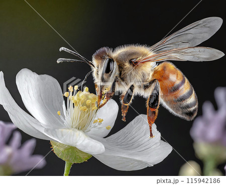 A detailed bee hovers over a white flower, showcasing the intricate dance of pollination 115942186