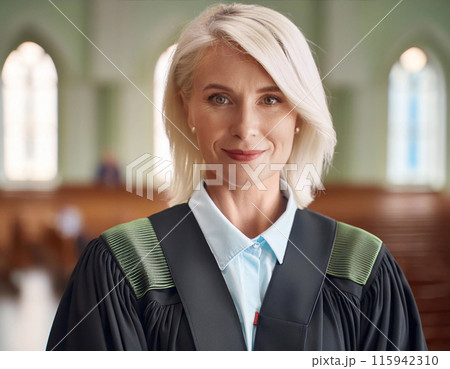 Confident female lawyer in courtroom portrait with gentle smile 115942310