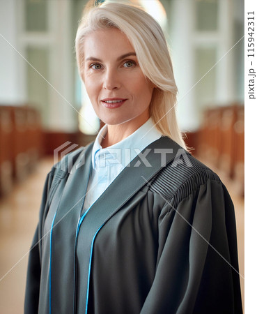 Confident woman in academic robe standing in lecture hall 115942311