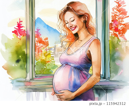 Happy Pregnant Woman in Watercolor Style Smiling by Window with Nature View 115942312