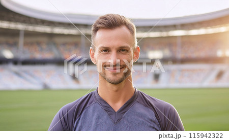 Confident male athlete smiling at stadium during sunset 115942322