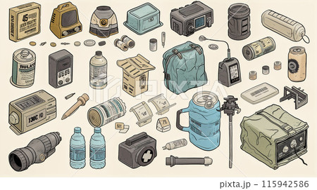 防災グッズセットのイメージイラスト - 緊急時の備え 115942586