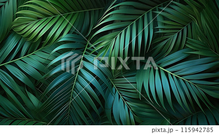 Lush, overlapping palm leaves in varying shades of green, creating a tropical jungle vibe Lush, overlapping palm leaves in varying shades of green, creating a tropical jungle vibe 115942785