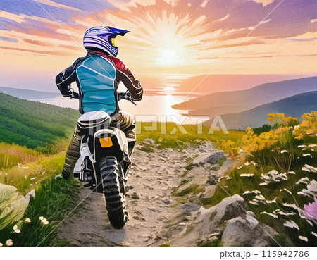 Adventurous Dirt Biker Riding Through Scenic Mountain Trail at Sunset 115942786