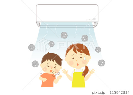 エアコンから出てきた埃で咳が止まらない子どもと困るお母さん エアコンから出てきた埃で咳が止まらない子どもと困るお母さん 115942834