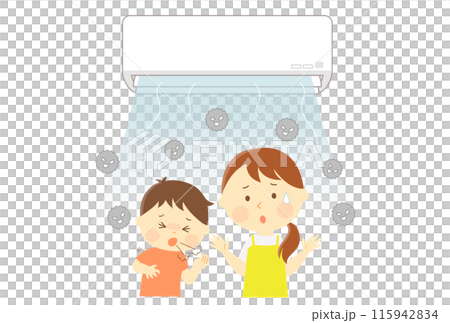 エアコンから出てきた埃で咳が止まらない子どもと困るお母さん エアコンから出てきた埃で咳が止まらない子どもと困るお母さん 115942834