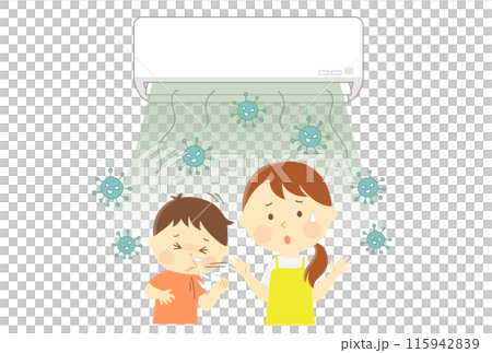 エアコンから出てきたカビでくしゃみを繰り返す子どもと困るお母さん エアコンから出てきたカビでくしゃみを繰り返す子どもと困るお母さん 115942839
