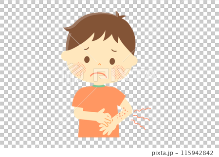 一個男孩手臂上長了蕁麻疹 一個男孩手臂上長了蕁麻疹 115942842