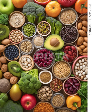 A colorful flat lay of fruits, vegetables, nuts, and seeds in bowls 115942908