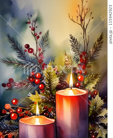 Two candles glow warmly amidst festive greenery and red berries 115942923