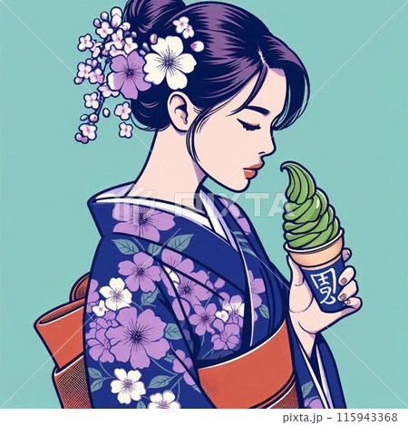 抹茶ソフトクリームと浴衣を着た女の子 115943368