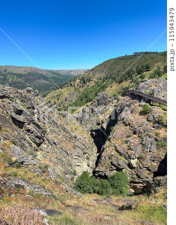 A serene valley with a wooden path, embraced by rocky cliffs A serene valley with a wooden path, embraced by rocky cliffs 115943479