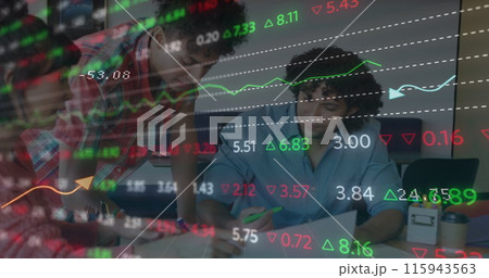 Image of financial data processing over diverse business people in office 115943563