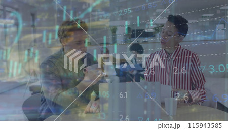 Image of financial data processing over diverse business people working at office 115943585