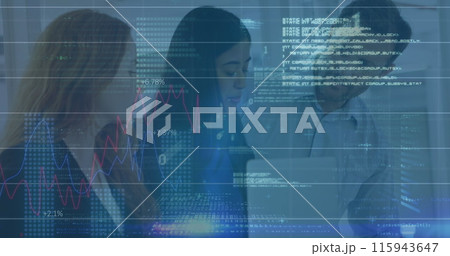 Image of graphs, binary codes, computer language over diverse coworkers sharing ideas in office Image of graphs, binary codes, computer language over diverse coworkers sharing ideas in office 115943647