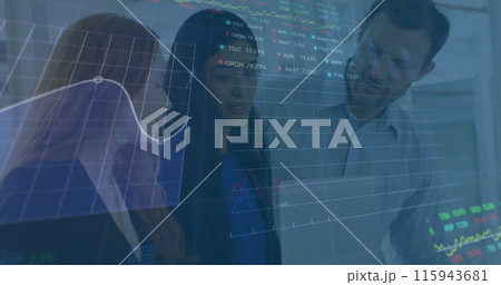 Image of graphs and trading board over diverse coworkers discussing reports on laptop in office Image of graphs and trading board over diverse coworkers discussing reports on laptop in office 115943681