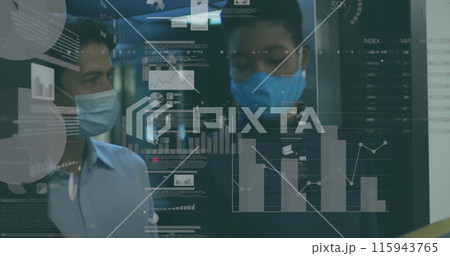 Image of financial data processing over diverse business people in face masks in office 115943765