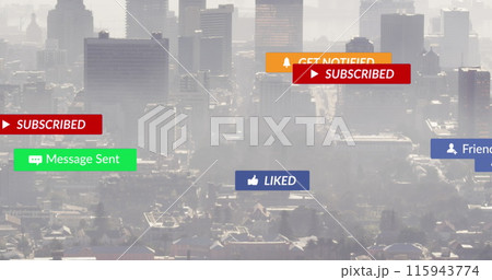 Image of social media icons and text over cityscape Image of social media icons and text over cityscape 115943774