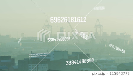Image of numbers and data processing over cityscape Image of numbers and data processing over cityscape 115943775