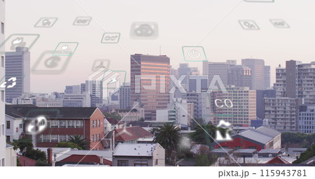 Image of eco icons and data processing over cityscape Image of eco icons and data processing over cityscape 115943781