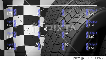 Image of finish flag and data processing over tyres Image of finish flag and data processing over tyres 115943927